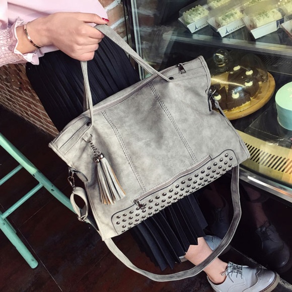 Zenleather Gray Studded Crossbody Bag - Picture 6 of 8